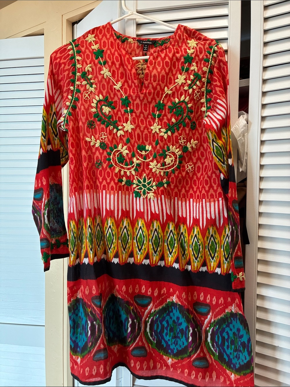 J. Peterman Red Long-Sleeve Embroidered Printed Tunic Dress